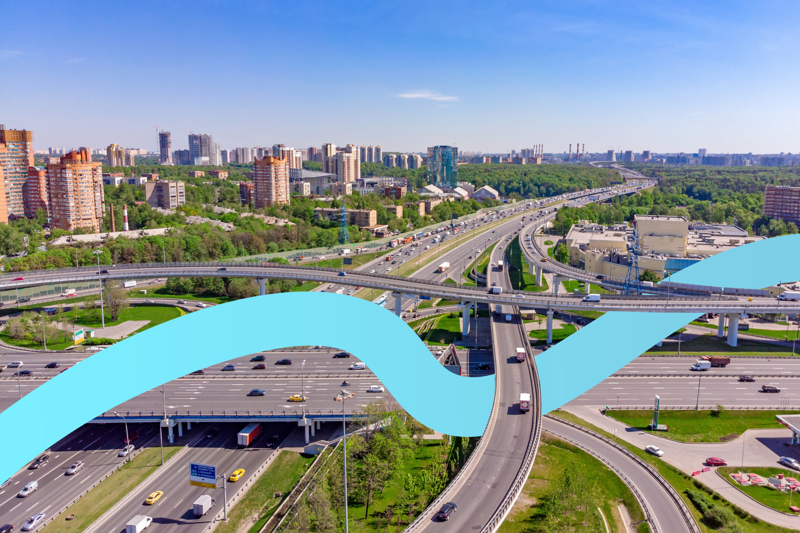 Aerial view of a freeway intersection. Road junctions in a big city