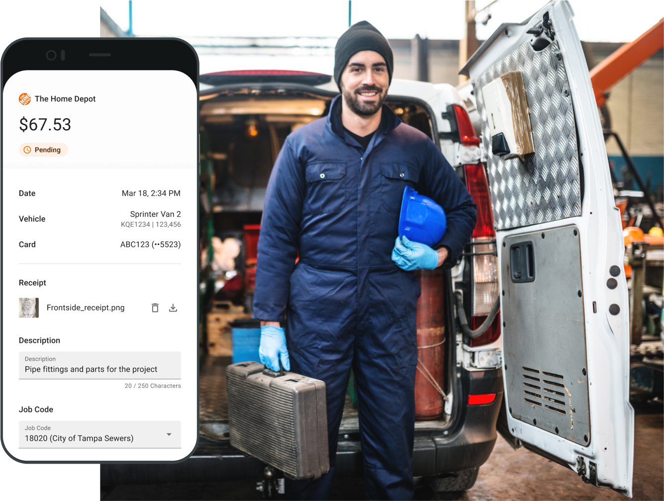 Technician standing in front of vehicle, with expense management phone app